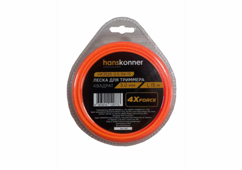 Леска для триммера, d=3.0мм, l=15 м, квадрат, блистер, Hanskonner