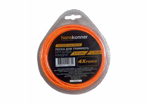 Леска для триммера, d=3.0мм, l=15 м, круч. Квадрат, блистер, Hanskonner